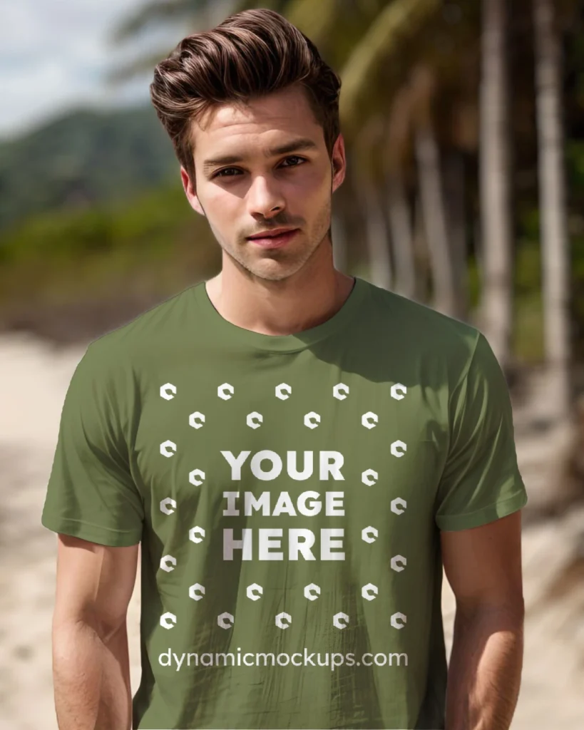 Man Wearing Olive Green T-shirt Mockup Front View Template