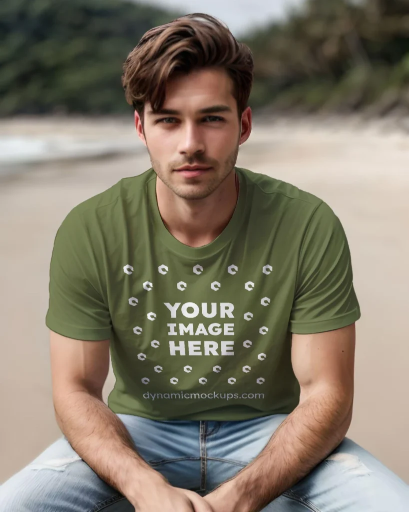 Man Wearing Olive Green T-shirt Mockup Front View Template