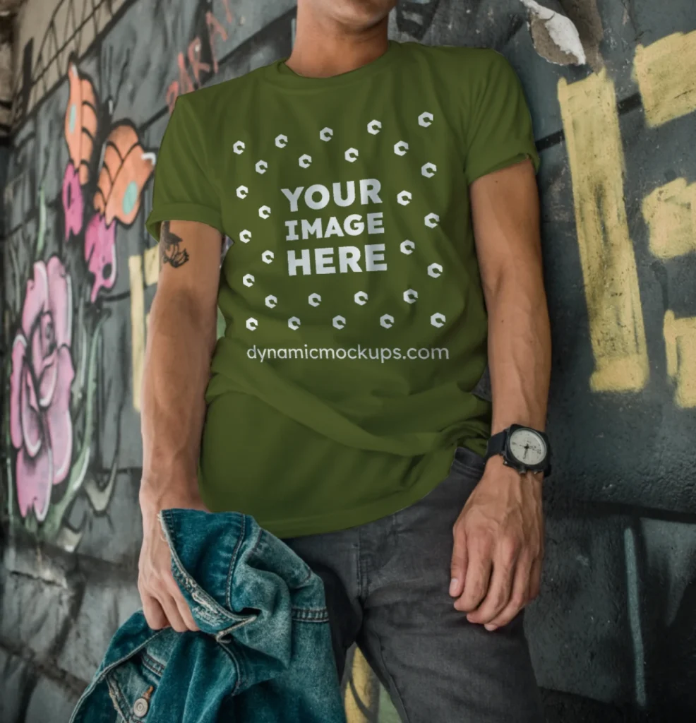 Man Wearing Olive Green T-shirt Mockup Front View Template