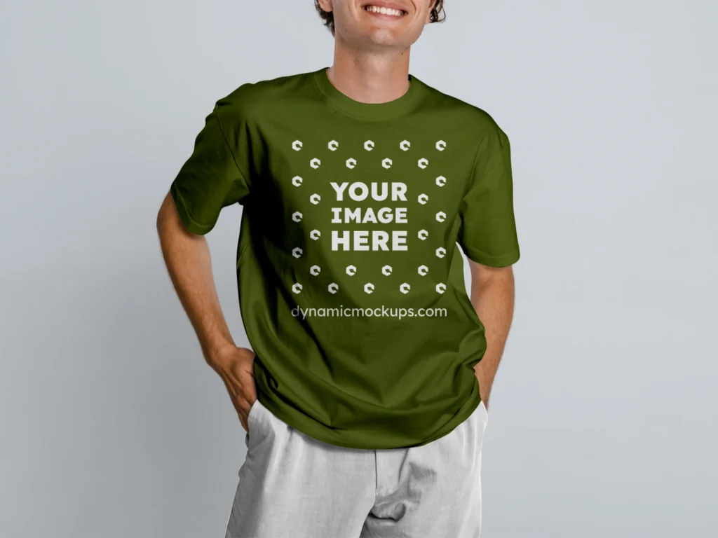 Man Wearing Olive Green T-shirt Mockup Front View Template