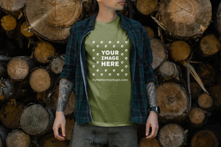 Man Wearing Olive Green T-shirt Mockup Front View Template