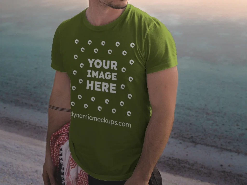 Man Wearing Olive Green T-shirt Mockup Front View Template