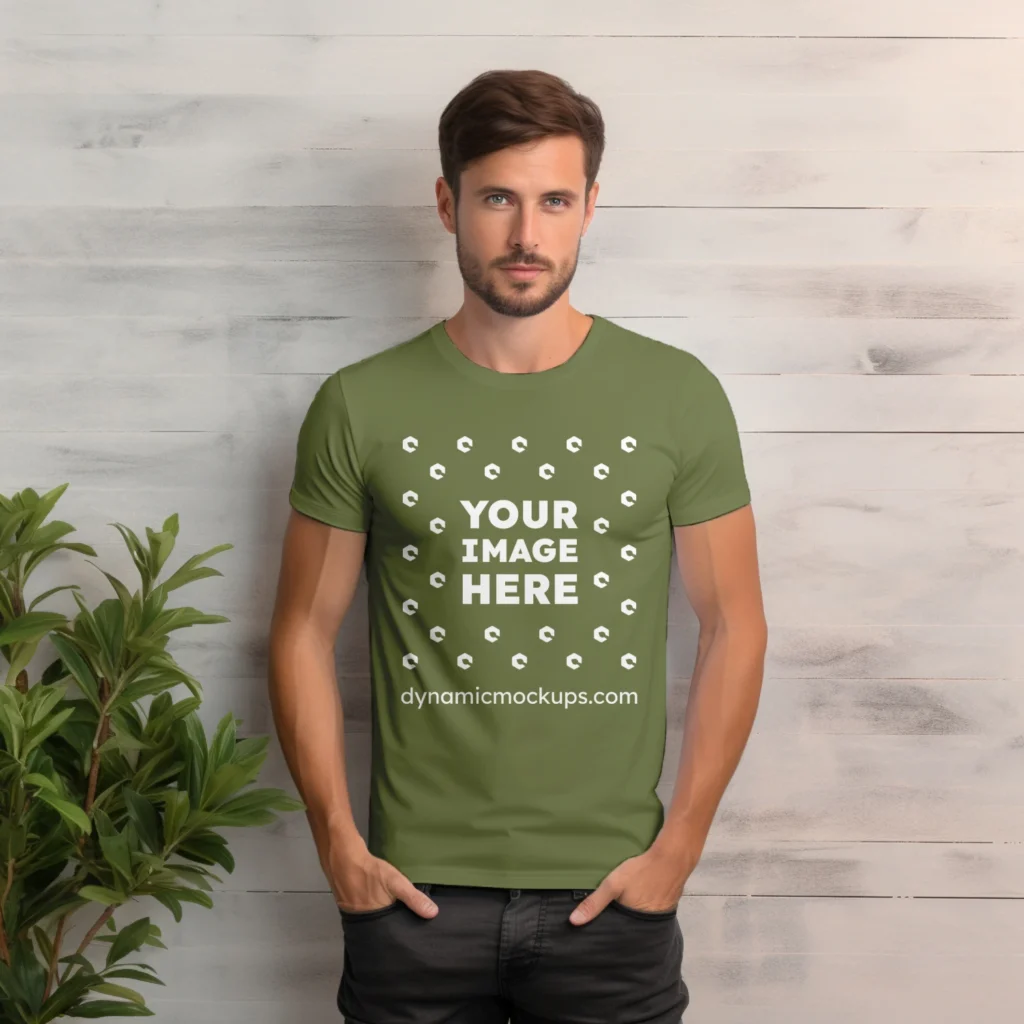 Man Wearing Olive Green T-shirt Mockup Front View Template