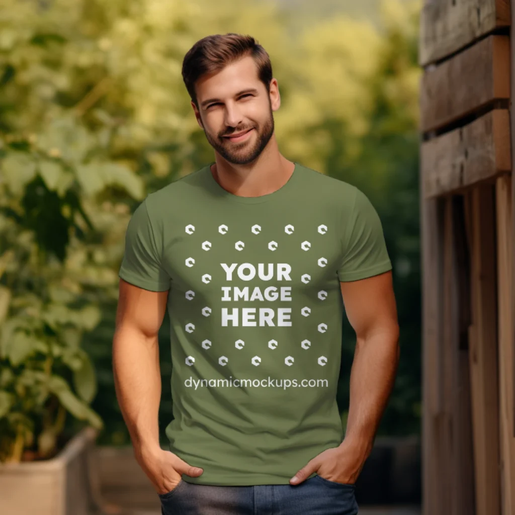 Man Wearing Olive Green T-shirt Mockup Front View Template