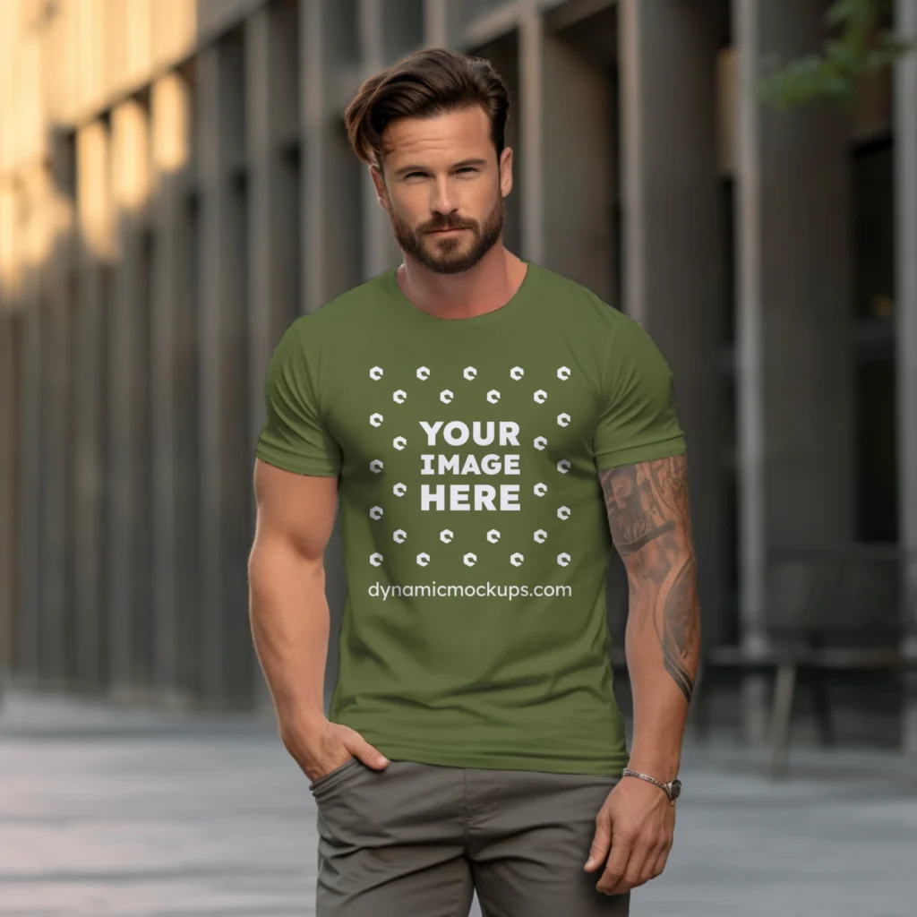 Man Wearing Olive Green T-shirt Mockup Front View Template