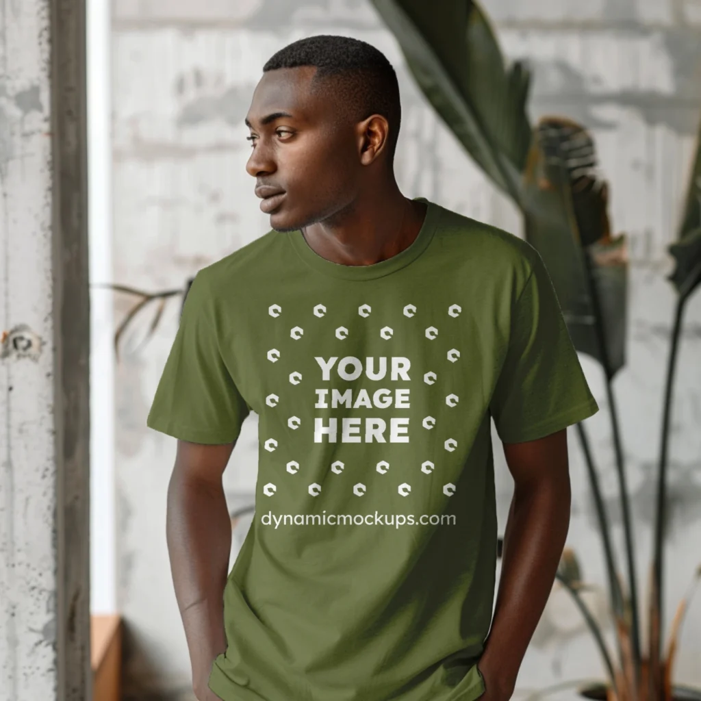 Man Wearing Olive Green T-shirt Mockup Front View Template