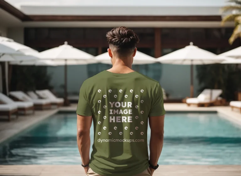 Man Wearing Olive Green T-shirt Mockup Back View Template