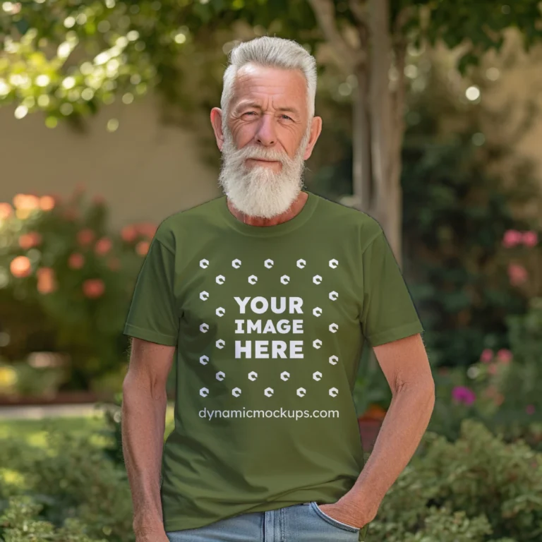 Man Wearing Olive Green T-shirt Mockup Front View Template