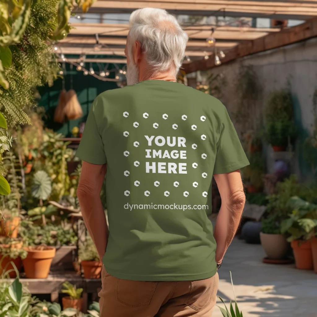 Man Wearing Olive Green T-shirt Mockup Back View Template