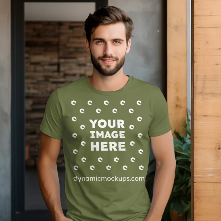 Man Wearing Olive Green T-shirt Mockup Front View Template