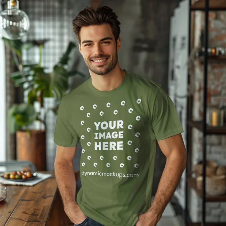 Man Wearing Olive Green T-shirt Mockup Front View Template