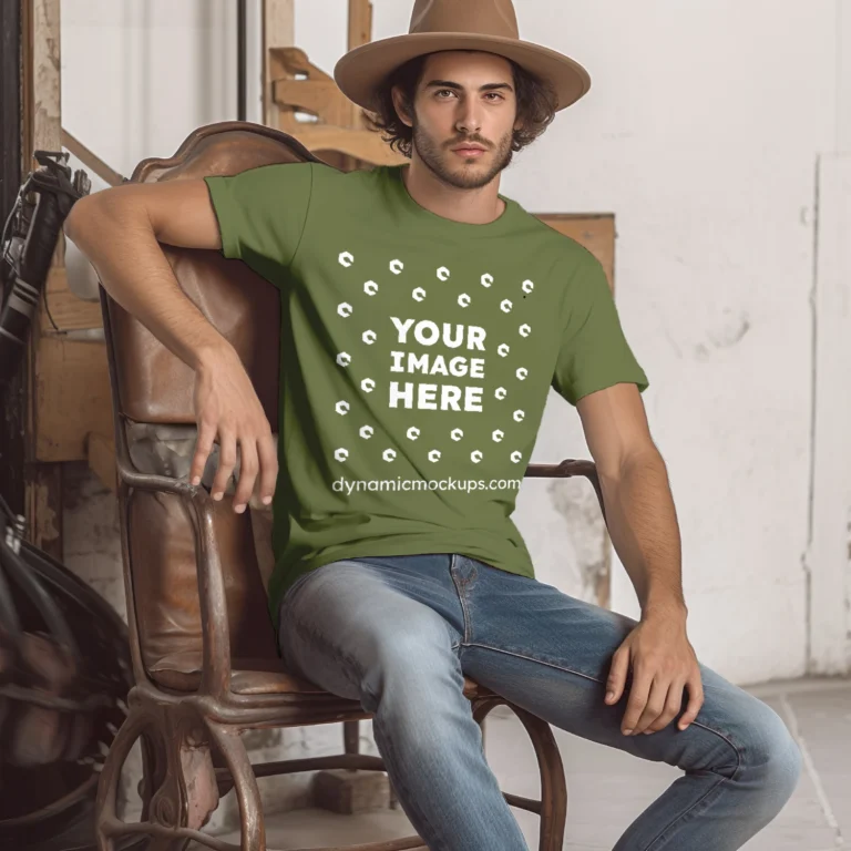 Man Wearing Olive Green T-shirt Mockup Front View Template