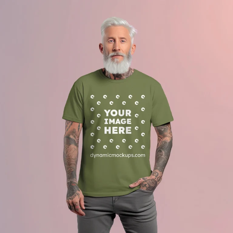 Man Wearing Olive Green T-shirt Mockup Front View Template