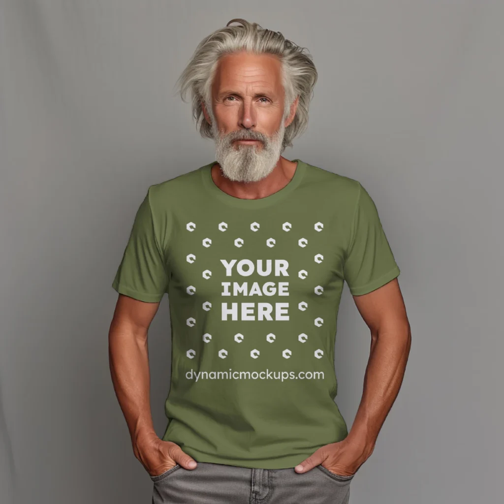 Man Wearing Olive Green T-shirt Mockup Front View Template