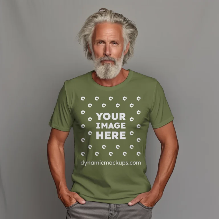 Man Wearing Olive Green T-shirt Mockup Front View Template