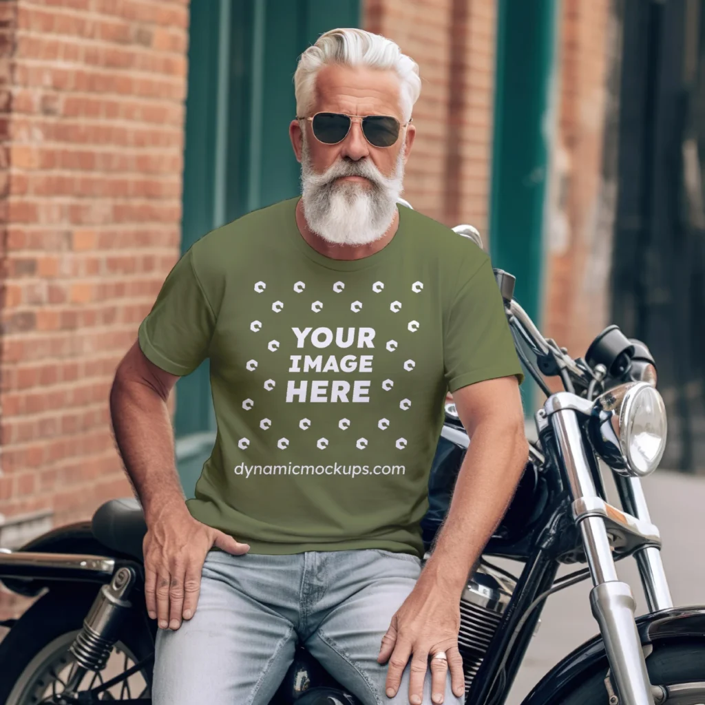 Man Wearing Olive Green T-shirt Mockup Front View Template