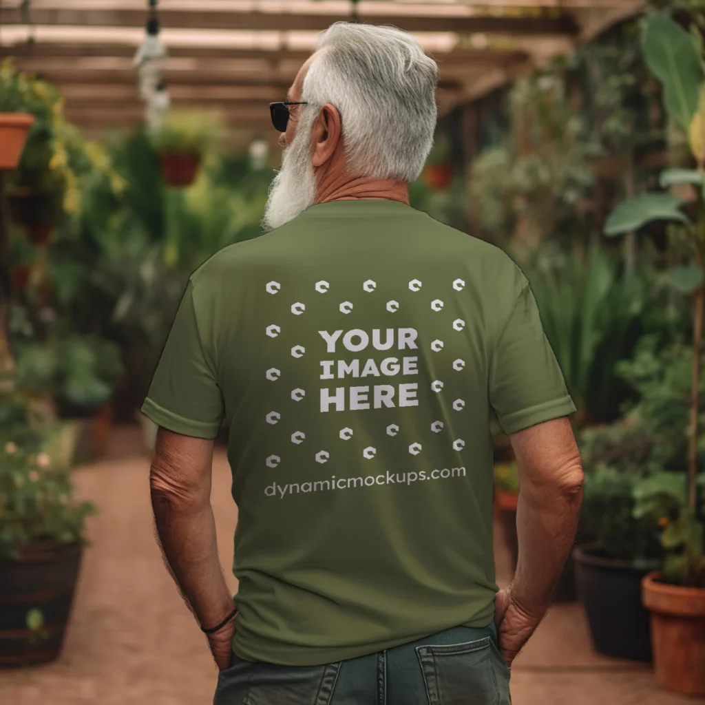 Man Wearing Olive Green T-shirt Mockup Back View Template