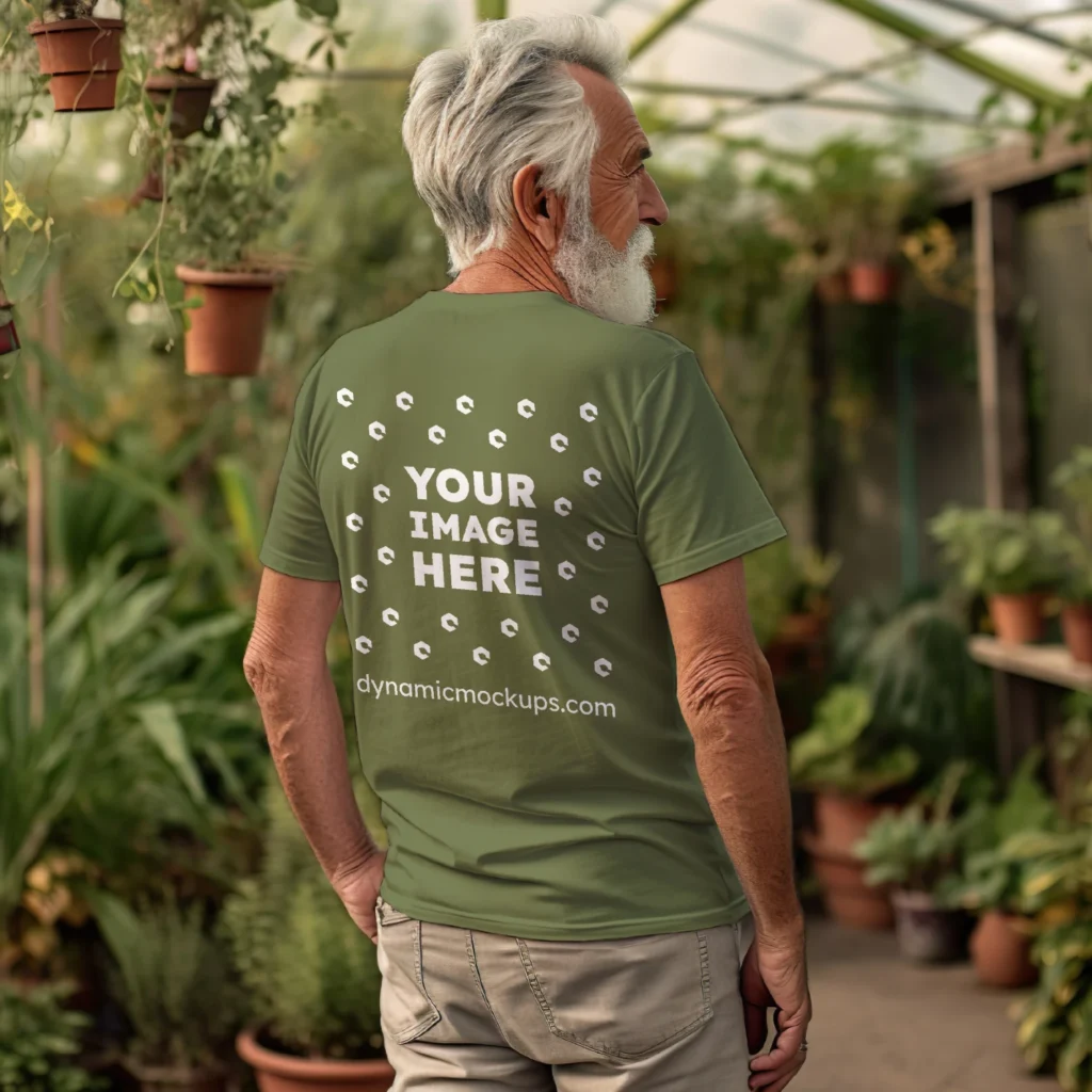 Man Wearing Olive Green T-shirt Mockup Back View Template