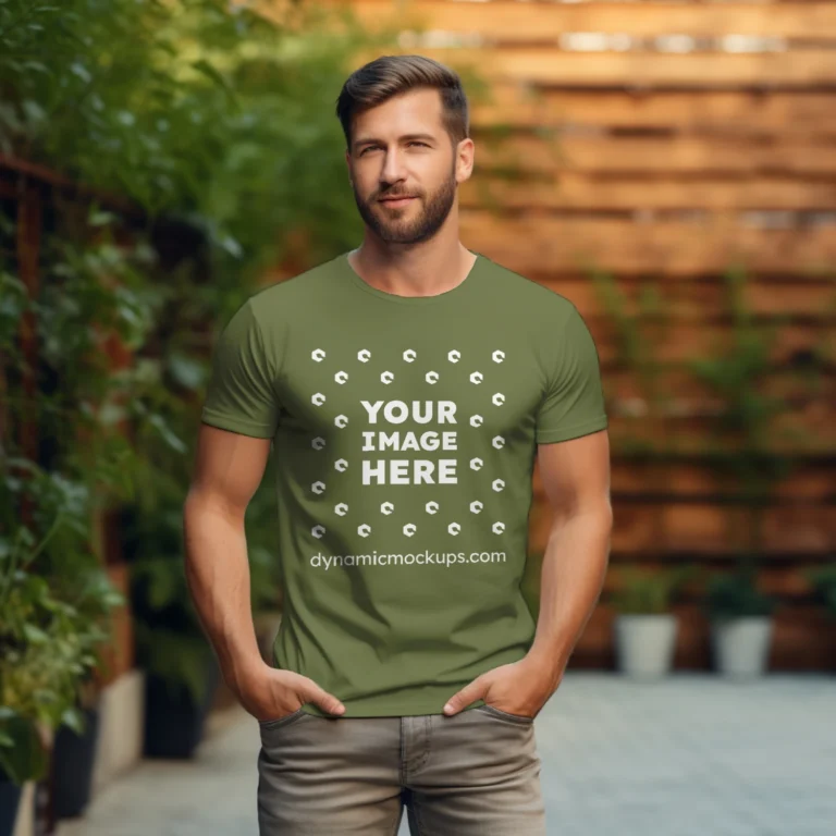 Man Wearing Olive Green T-shirt Mockup Front View Template