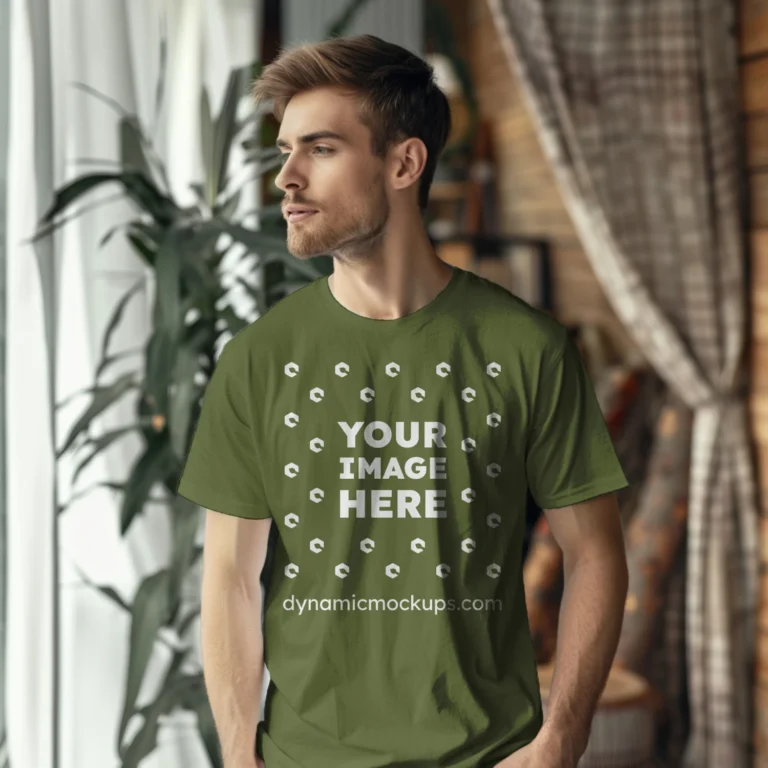 Man Wearing Olive Green T-shirt Mockup Front View Template