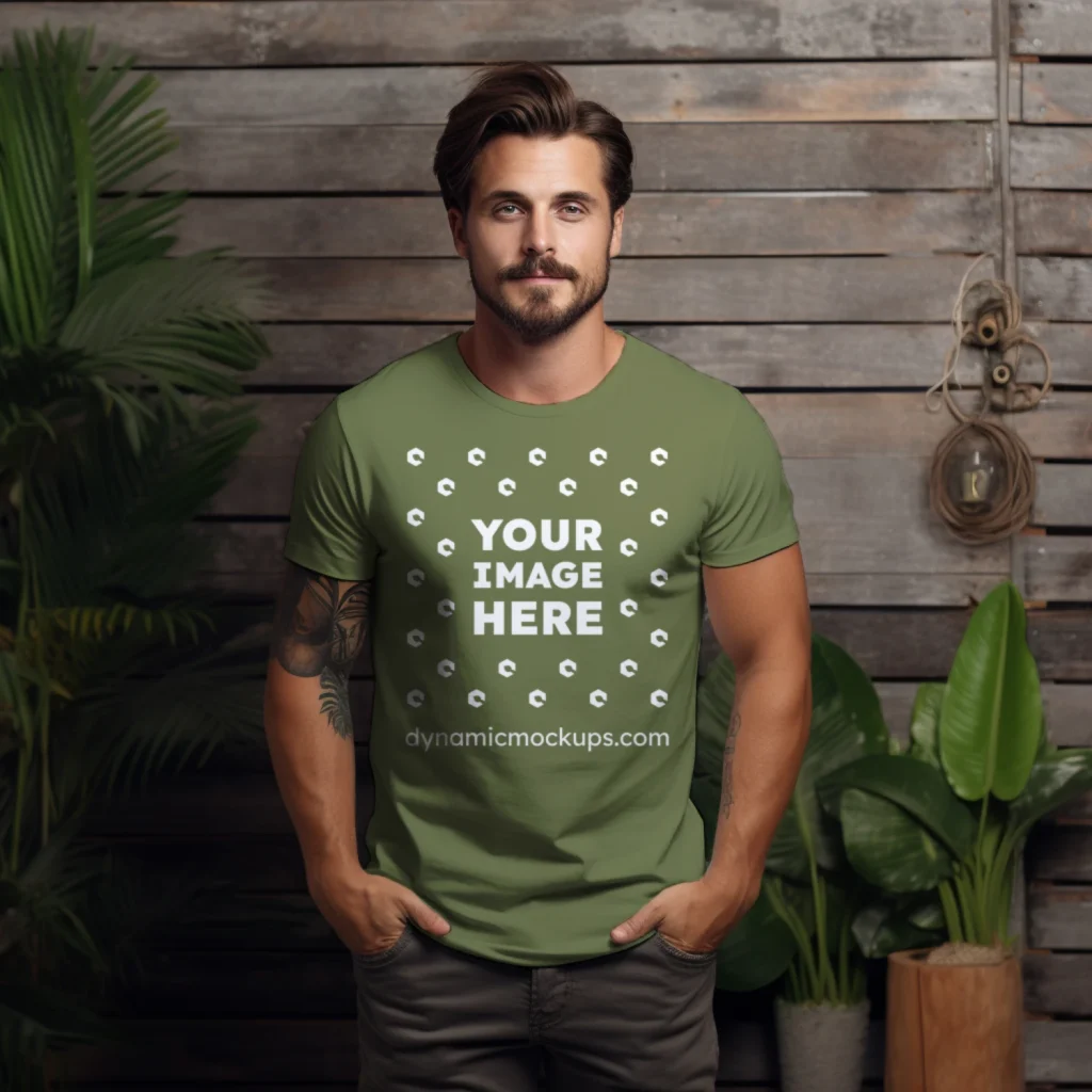 Man Wearing Olive Green T-shirt Mockup Front View Template