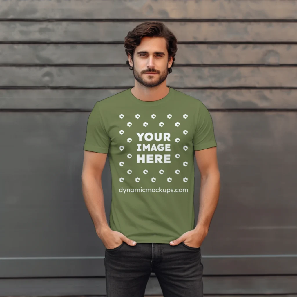 Man Wearing Olive Green T-shirt Mockup Front View Template