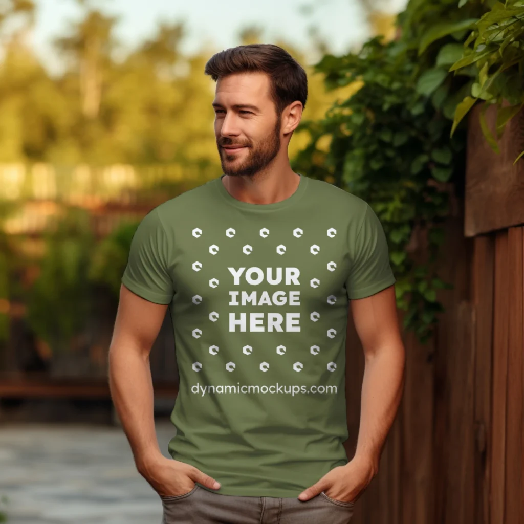 Man Wearing Olive Green T-shirt Mockup Front View Template