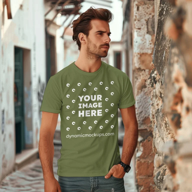 Man Wearing Olive Green T-shirt Mockup Front View Template