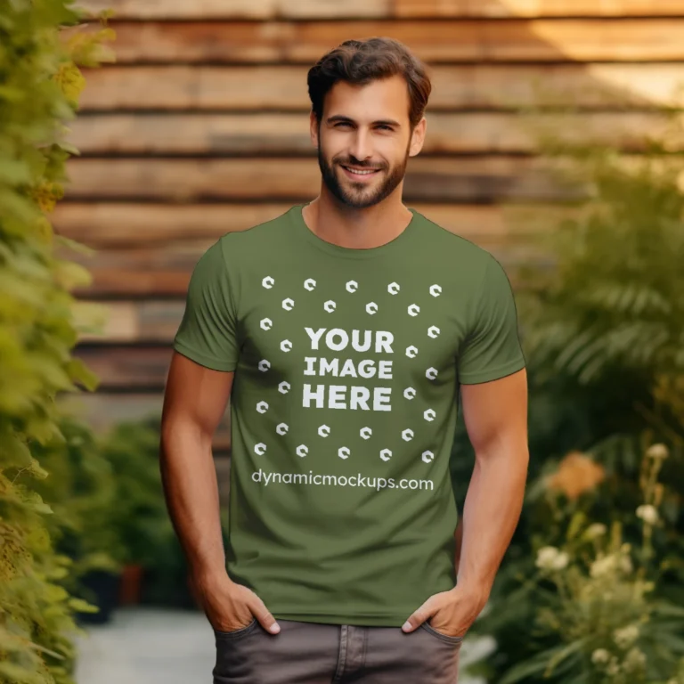 Man Wearing Olive Green T-shirt Mockup Front View Template