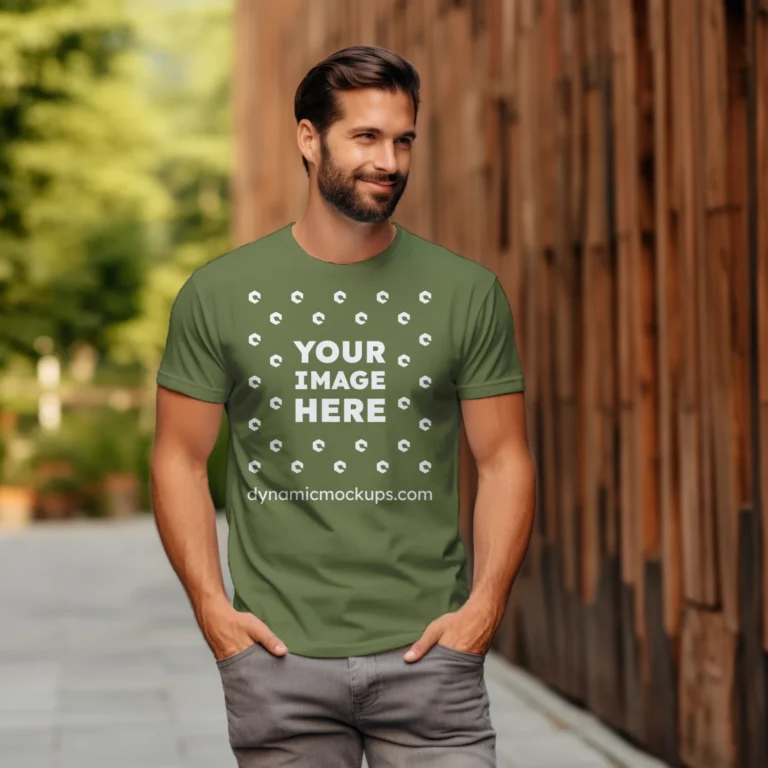 Man Wearing Olive Green T-shirt Mockup Front View Template