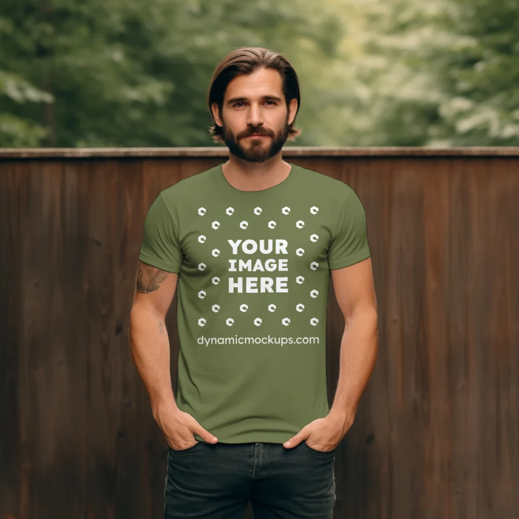 Man Wearing Olive Green T-shirt Mockup Front View Template