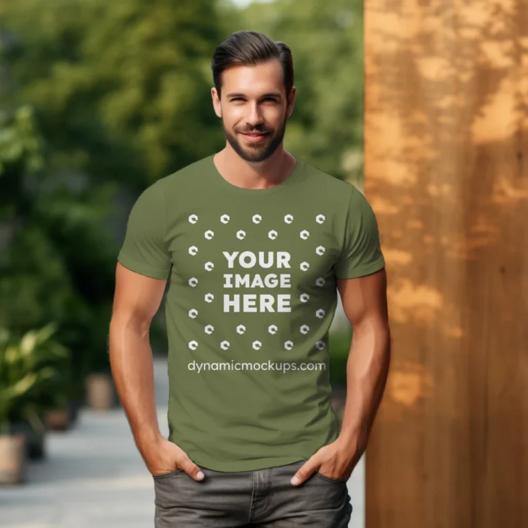 Man Wearing Olive Green T-shirt Mockup Front View Template