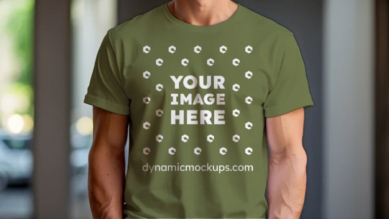 Man Wearing Olive Green T-shirt Mockup Front View Template