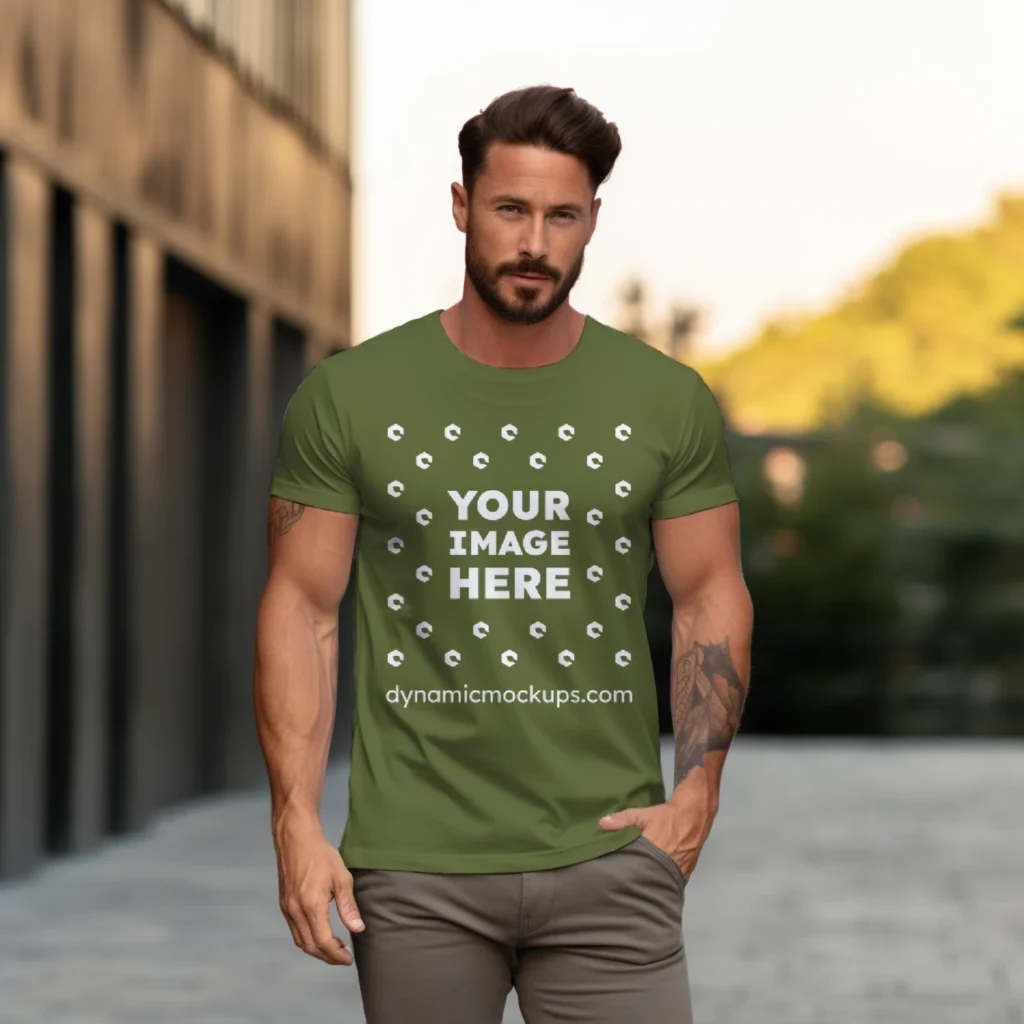 Man Wearing Olive Green T-shirt Mockup Front View Template