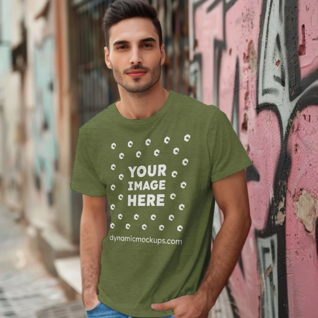 Man Wearing Olive Green T-shirt Mockup Front View Template