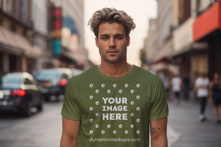 Man Wearing Olive Green T-shirt Mockup Front View Template