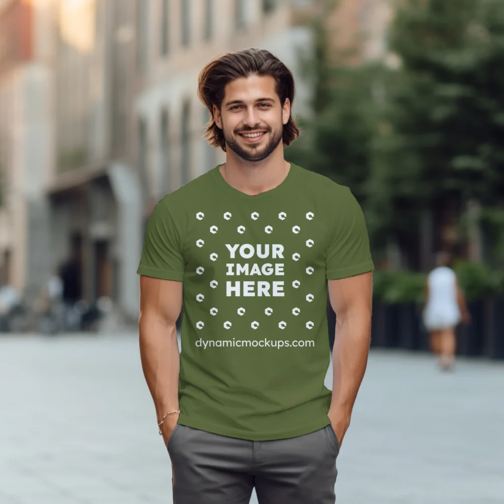 Man Wearing Olive Green T-shirt Mockup Front View Template