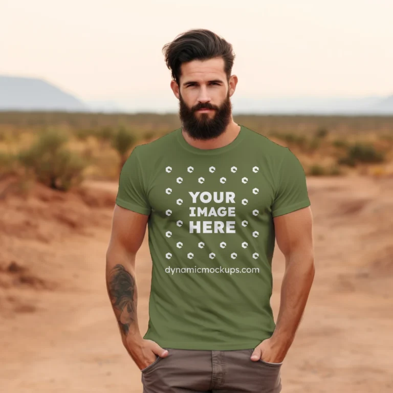 Man Wearing Olive Green T-shirt Mockup Front View Template