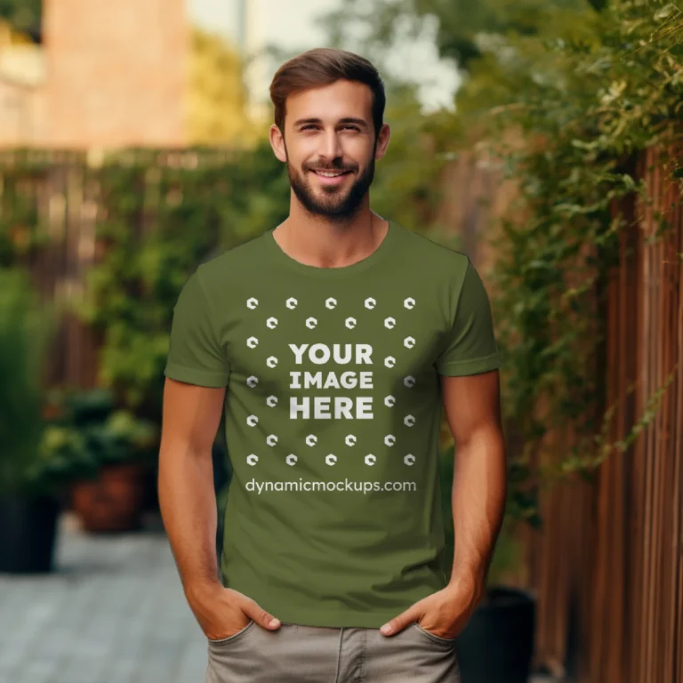 Man Wearing Olive Green T-shirt Mockup Front View Template