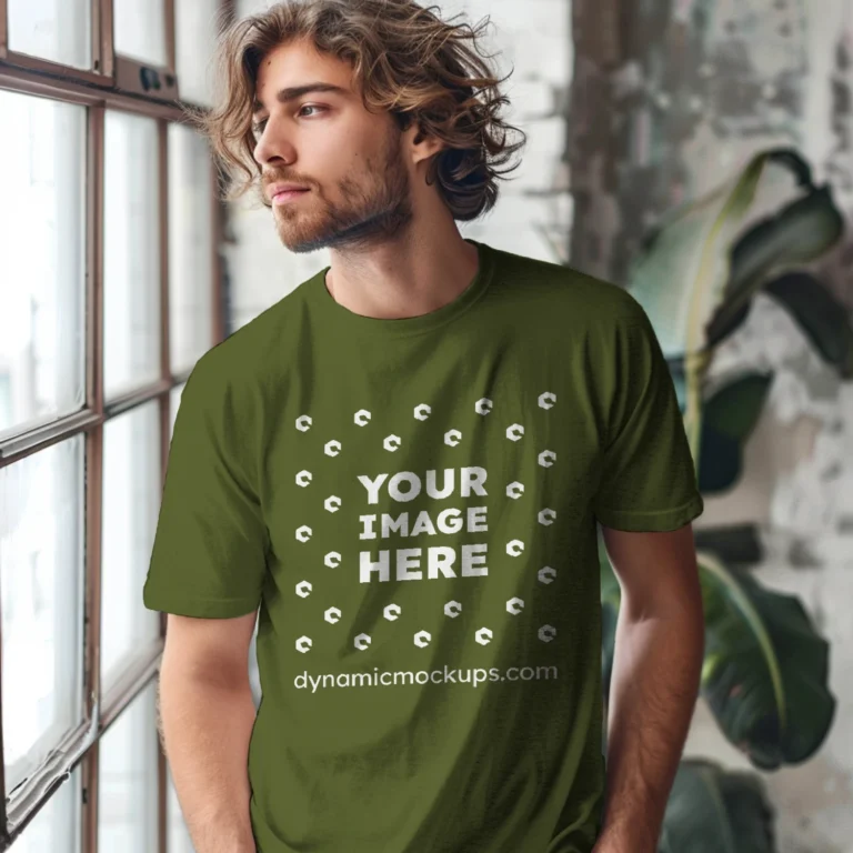 Man Wearing Olive Green T-shirt Mockup Front View Template