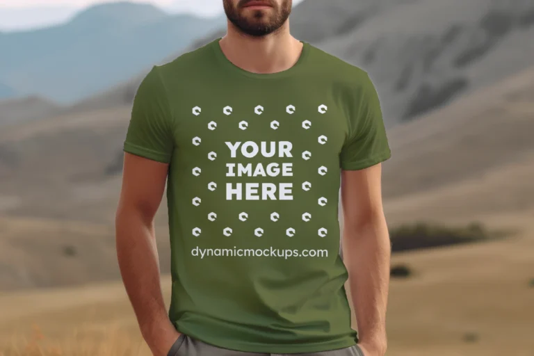 Man Wearing Olive Green T-shirt Mockup Front View Template