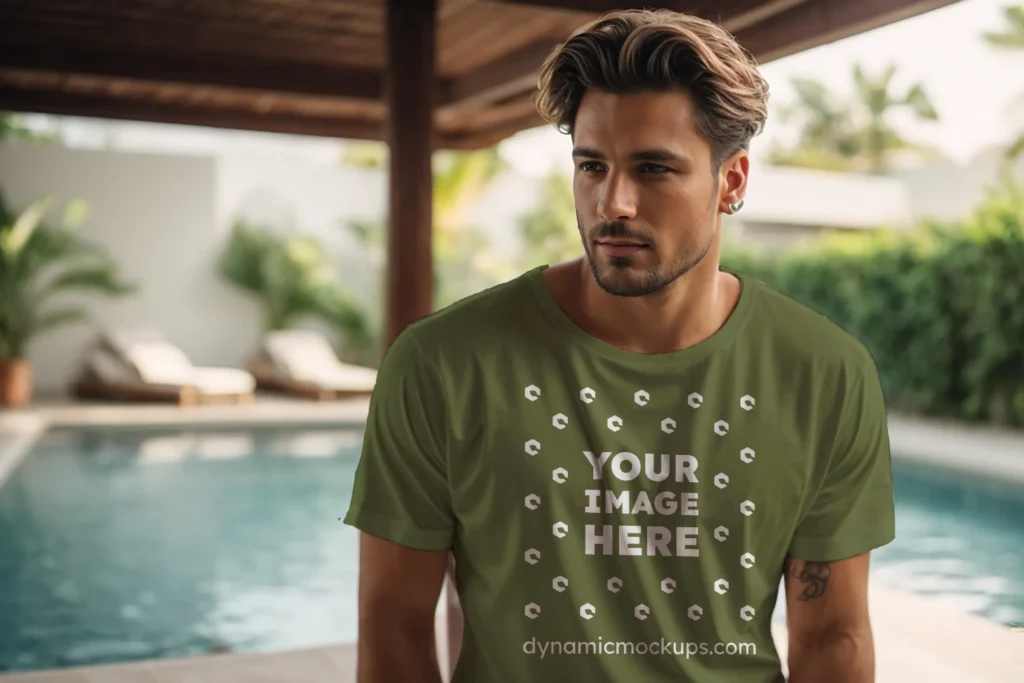 Man Wearing Olive Green T-shirt Mockup Front View Template