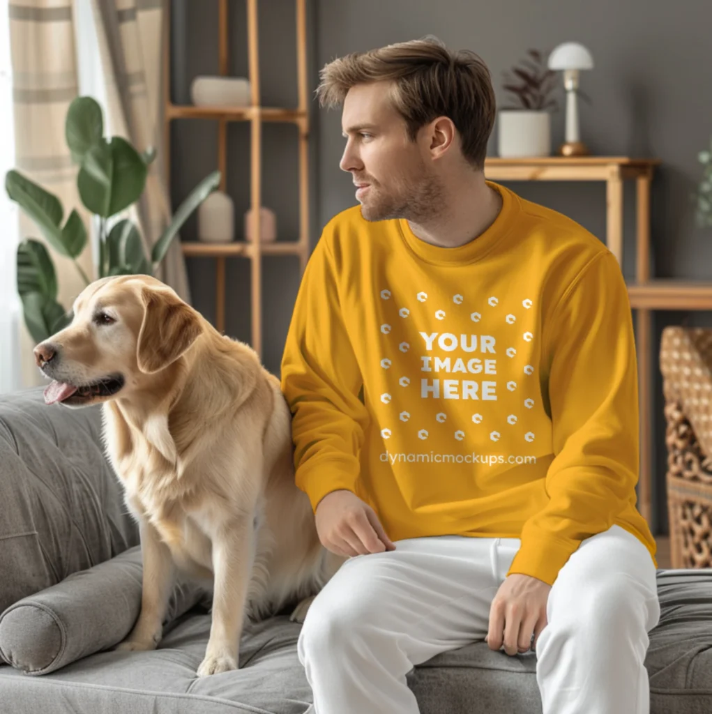 Man Wearing Orange Sweatshirt Mockup Front View Template