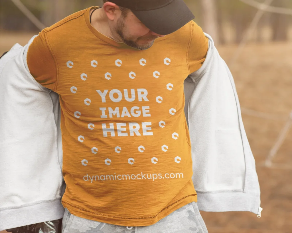 Man Wearing Orange Sweatshirt Mockup Front View Template