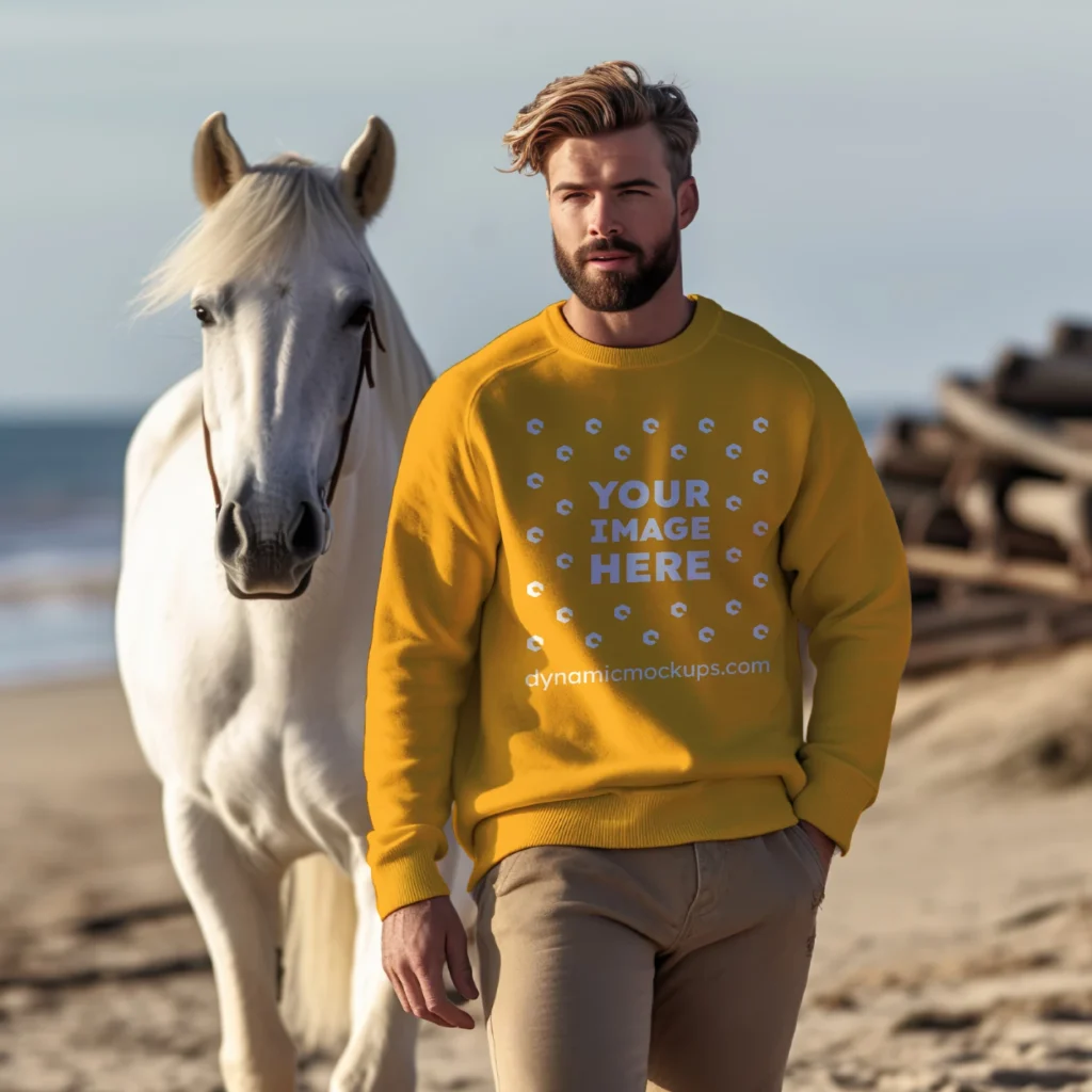 Man Wearing Orange Sweatshirt Mockup Front View Template