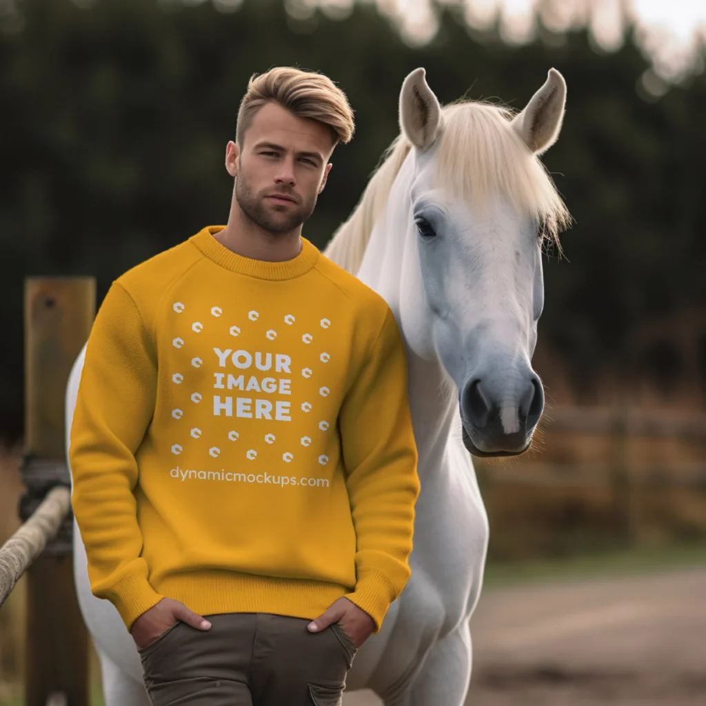 Man Wearing Orange Sweatshirt Mockup Front View Template