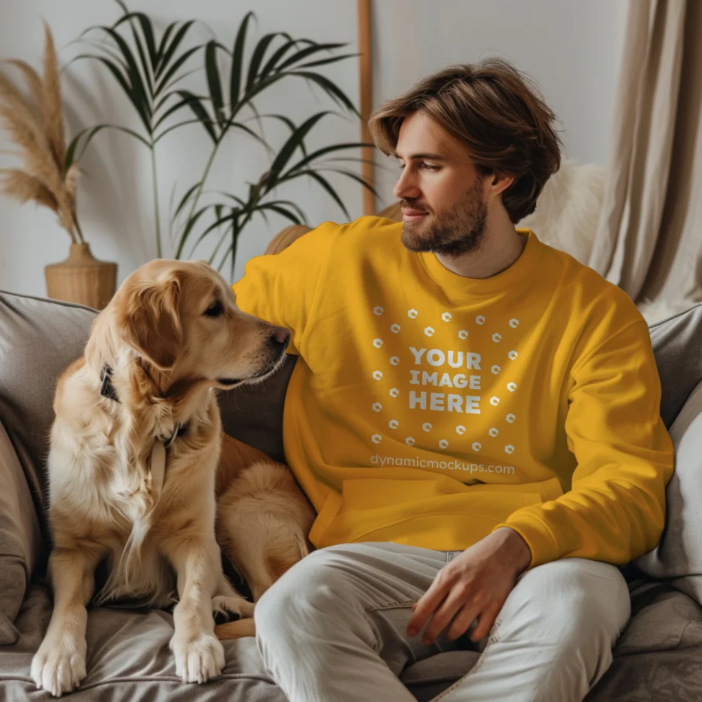 Man Wearing Orange Sweatshirt Mockup Front View Template