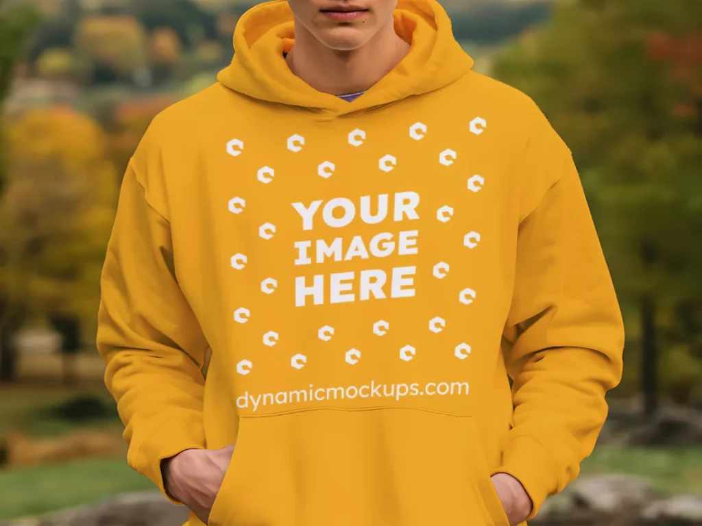 Man Wearing Orange Hoodie Mockup Front View Template