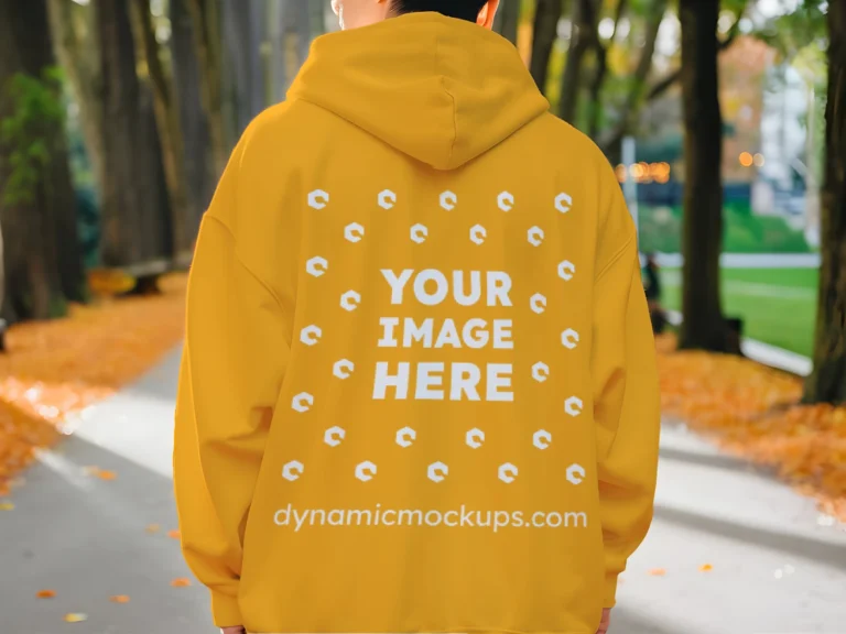 Man Wearing Orange Hoodie Mockup Back View Template