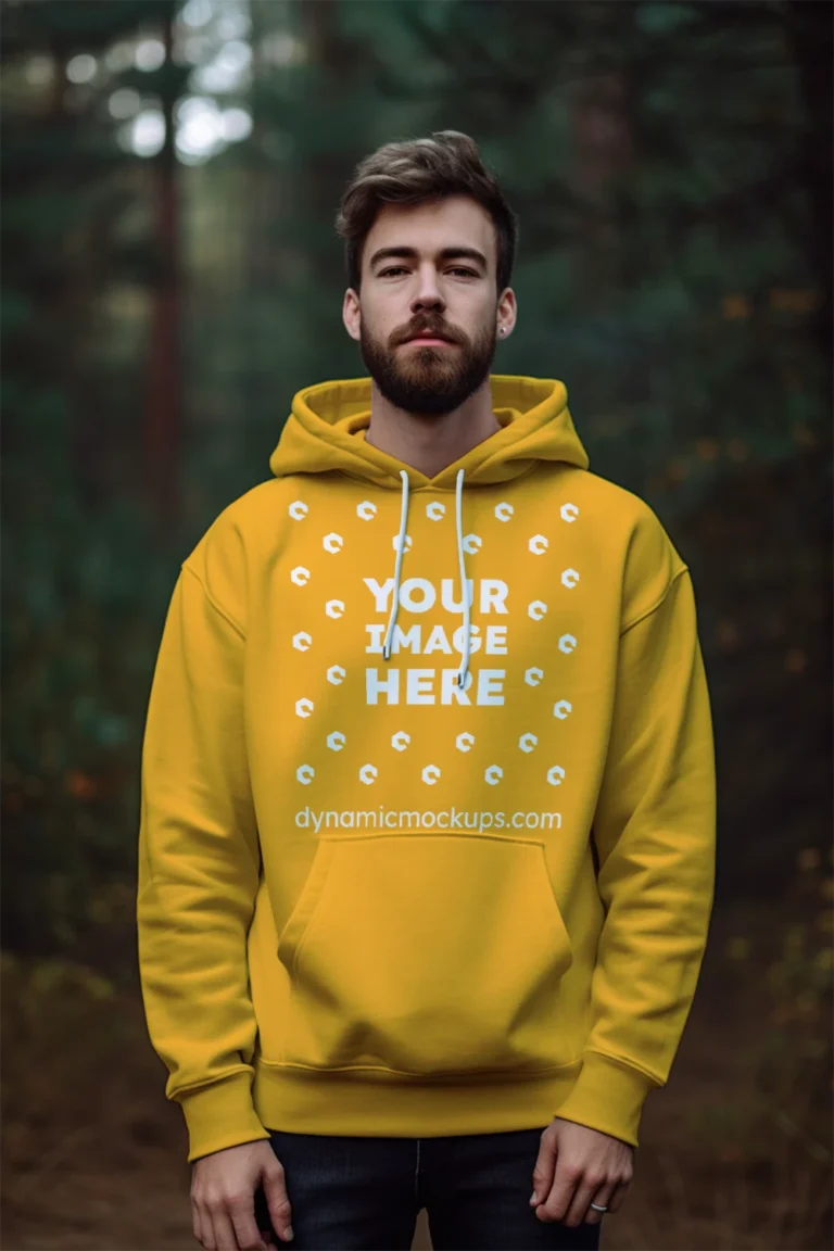 Man Wearing Orange Hoodie Mockup Front View Template